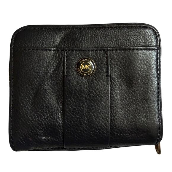 Michael Kors Black Leather Small Wallet Bifold Zip Coin Pocket Gold Logo MK - Picture 6 of 15